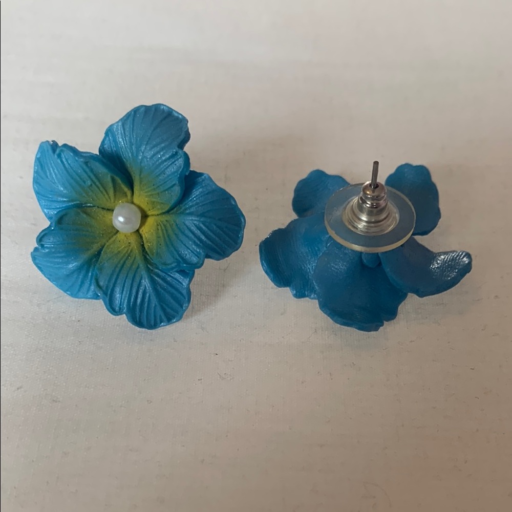 Blue Floral Earrings with Pearl Center